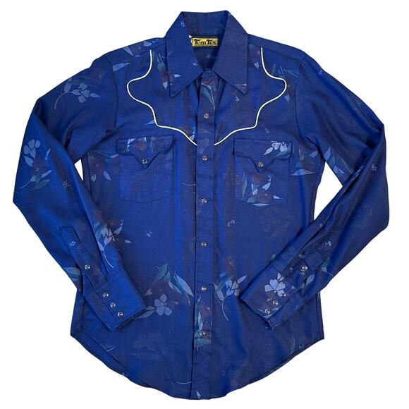 VTG Tem Tex Western Shirt Floral Pearl Snap White Piping Blue 70s Women’s Medium - Picture 1 of 10